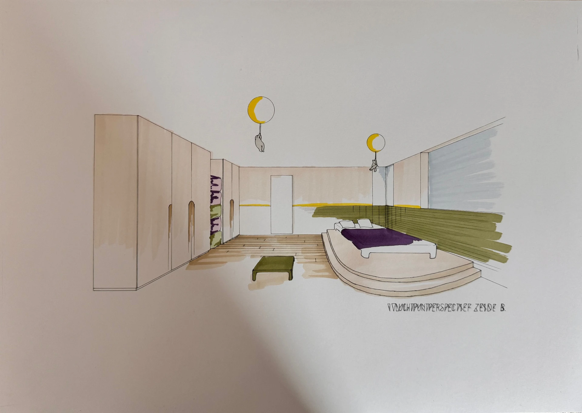 concept interieurontwerp slaapkamer met op maat gemaakte kasten en moderne verlichting door interieurarchitect fréderic lammertyn