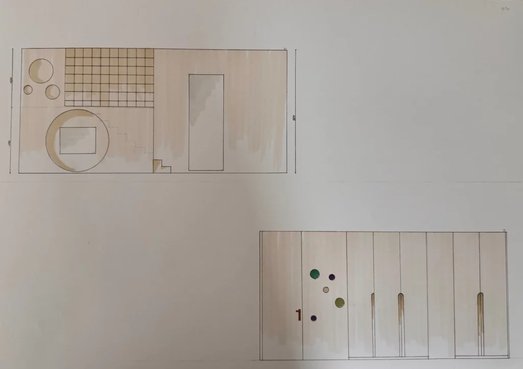 interieurarchitect schets met geometrische vormen en ontwerp details door interieurvormgever fréderic lammertyn