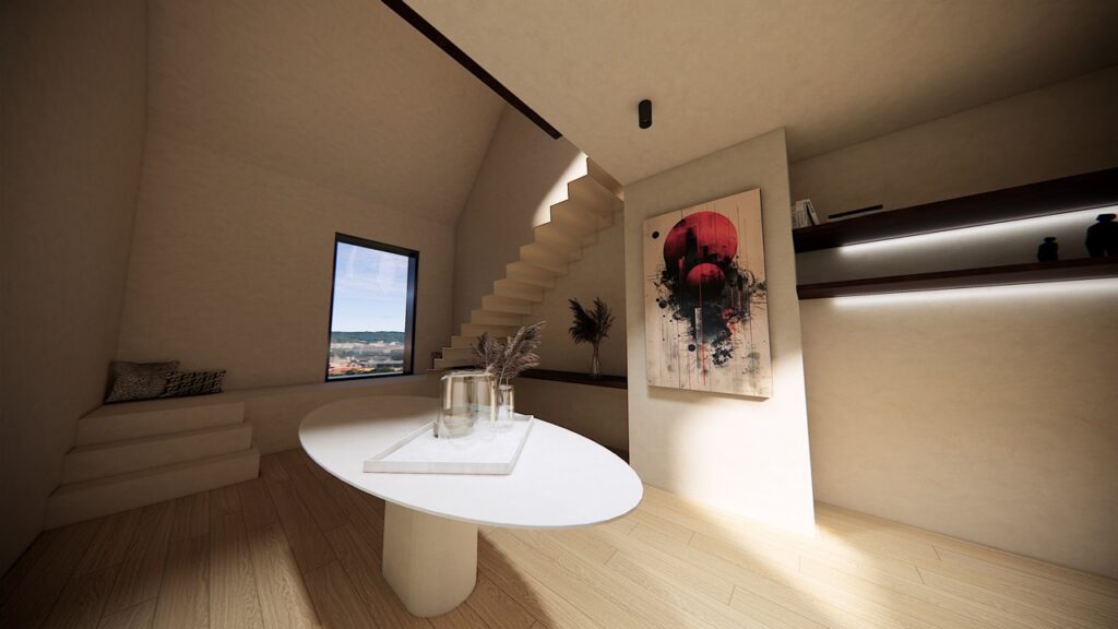 modern interieur met trappen en abstract kunstwerk, ontworpen door interieurarchitect frédéric lammertyn